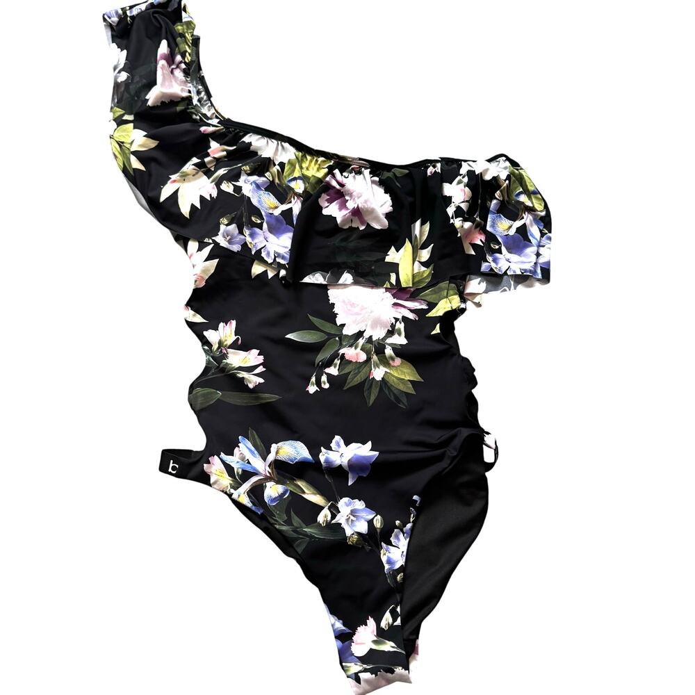 bebe One Shoulder Ruffle Floral One Piece Swim Bathing Suit Large